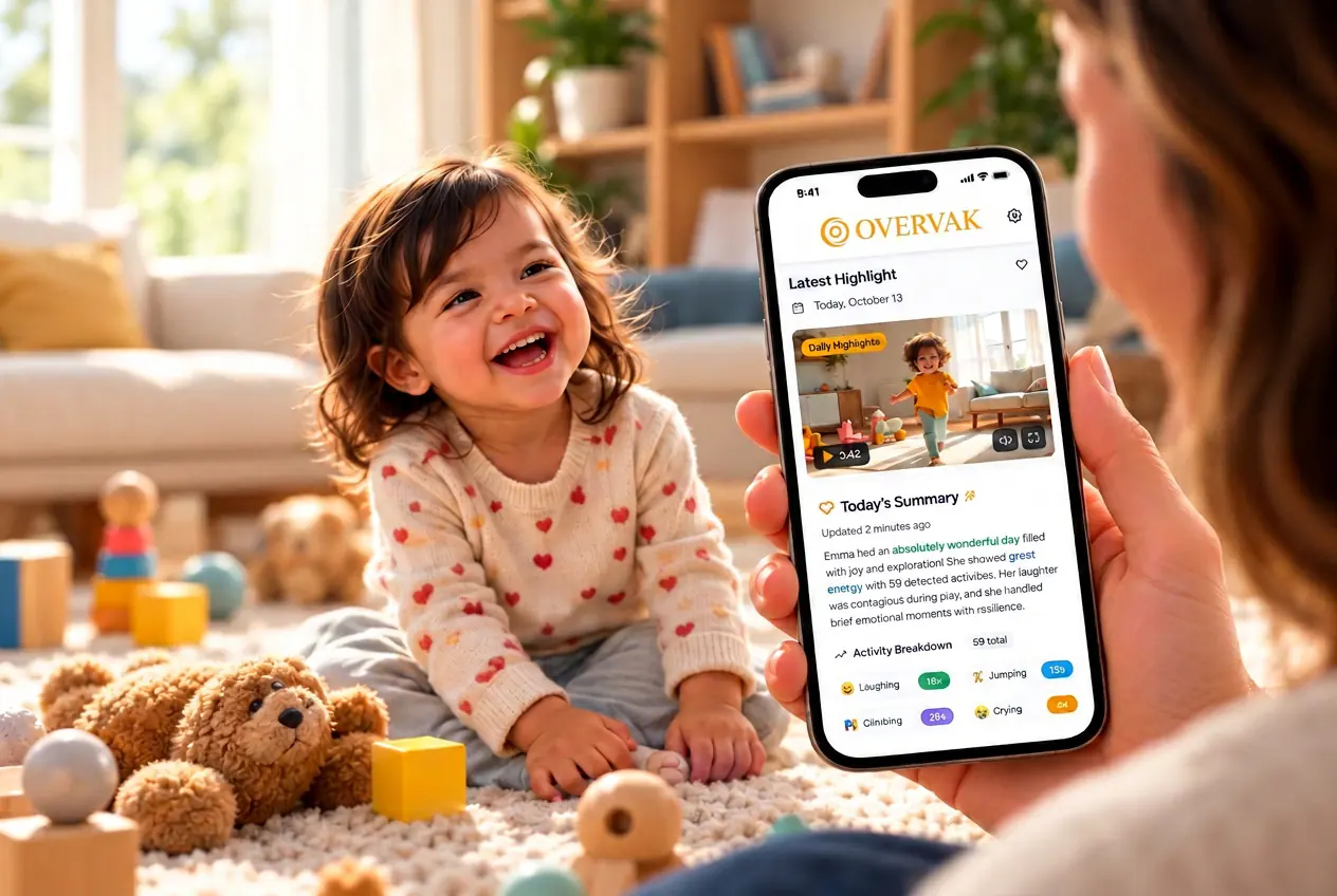 A happy little girl and a parent enjoying Overvak’s daily highlights